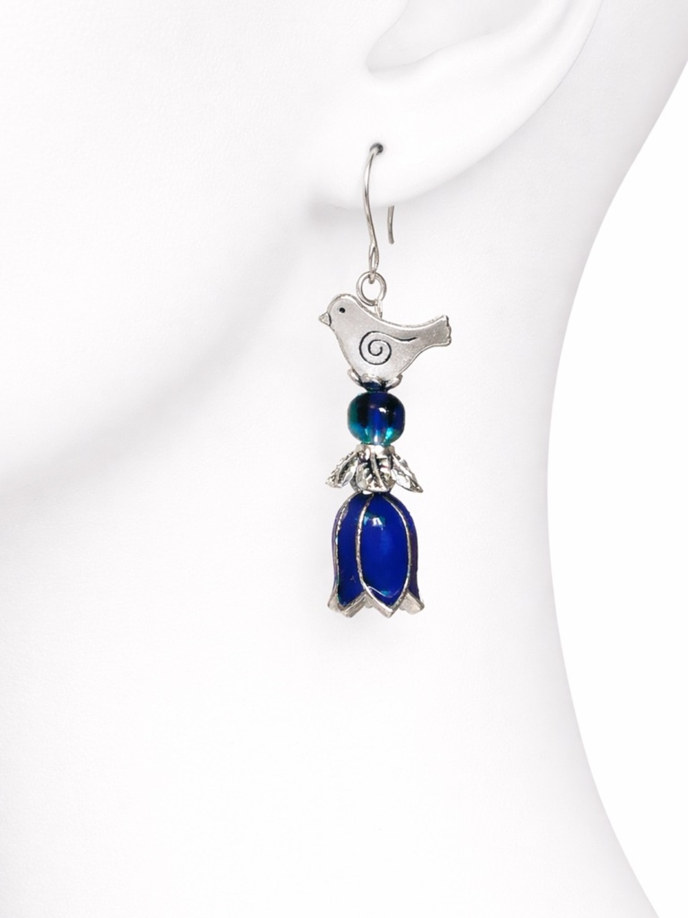 Silver Bird Earrings . Enamel Blue Flower . Boho Dangle Drop - Picture 3 of 7